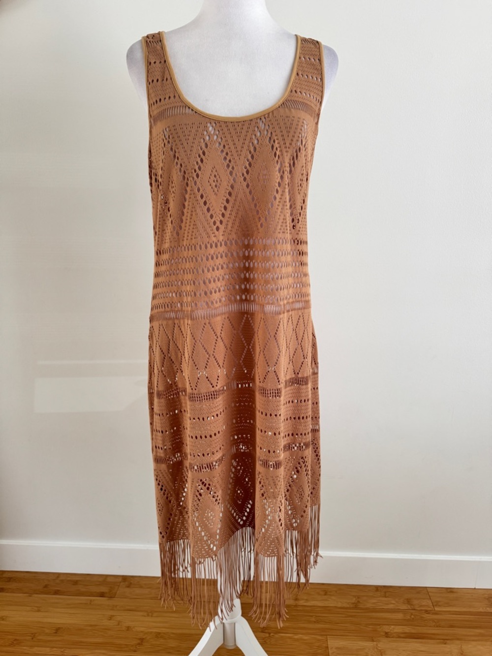 BLEU ROD BEATTIE Crochet Fringe Midi Dress swim cover up in Warm Camel medium